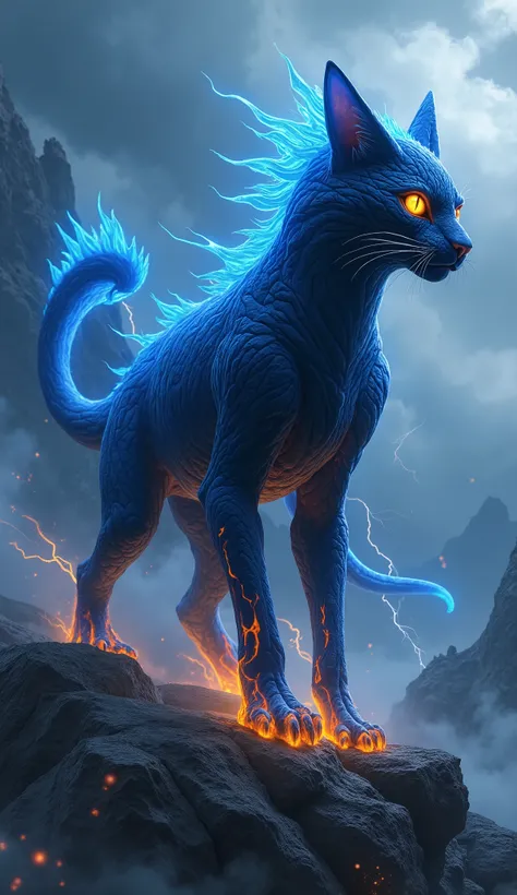 *An awe-inspiring, hyper-realistic feline beast stands amidst the rugged peaks of Kumogakure, its massive form blazing with otherworldly energy. Matatabi’s smooth, fur-like exterior shimmers with shades of luminous blue and black, its texture resembling a ...