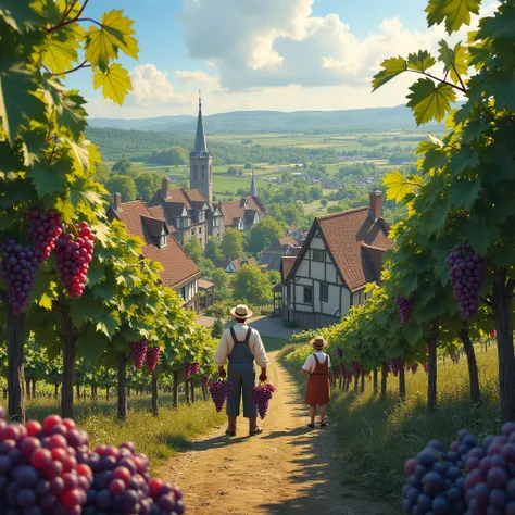 Beautiful village in the Nederland with fine, purplish vineyards Grape growers picking purple and ranum grapes 