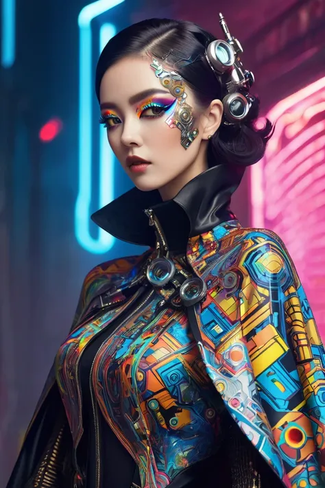 Wear a cape with a psychedelic pattern、A woman in mechanical cyberpunk fashion, wearing gorgeous accessories and flashy eye makeup