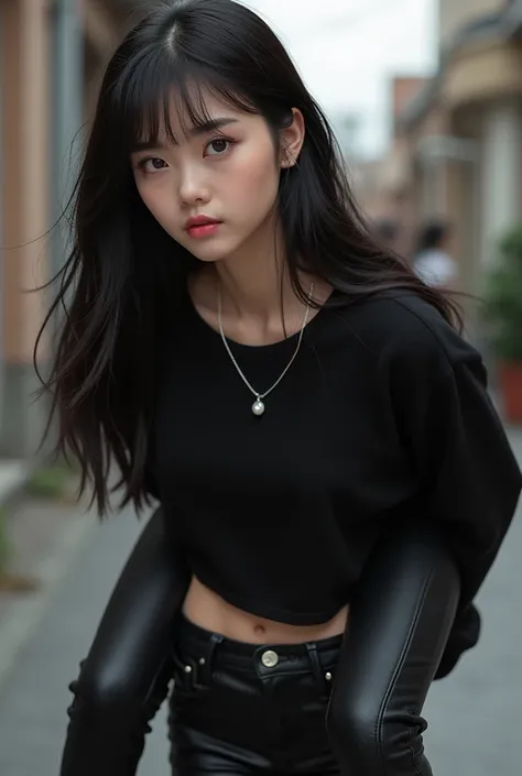 Korean with long black hair with bangs wearing tight black leather waist high jeans with a black cropped long sleeve sweater and a white necklace getting a piggyback ride