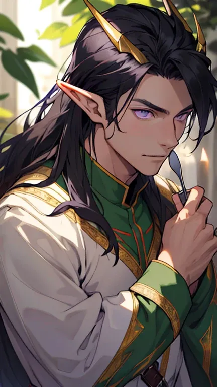 ( masterpiece),  best quality angle,  High quality cutlery, 1 boy, rosto beautiful, beautiful, sunlight, elf ears,  pointy ears , beautiful,  black hair,   long hair,  purple eyes ,  soldier clothes,  Upper body, seabed,  looking directly at ,  purple eyes...