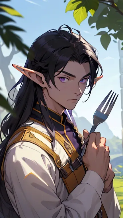 ( masterpiece),  best quality angle,  High quality cutlery, 1 boy, rosto beautiful, beautiful, sunlight, elf ears,  pointy ears , beautiful,  black hair,   long hair,  purple eyes ,  soldier clothes,  Upper body, seabed,  looking directly at ,  purple eyes...