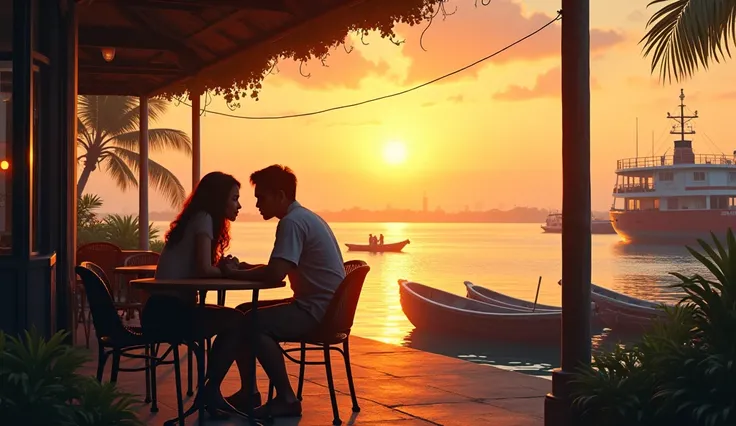  small Indonesian port at sunset, with a ship anchored in the background, and a couple sitting at an outdoor café, lost in an intense and personal conversation.