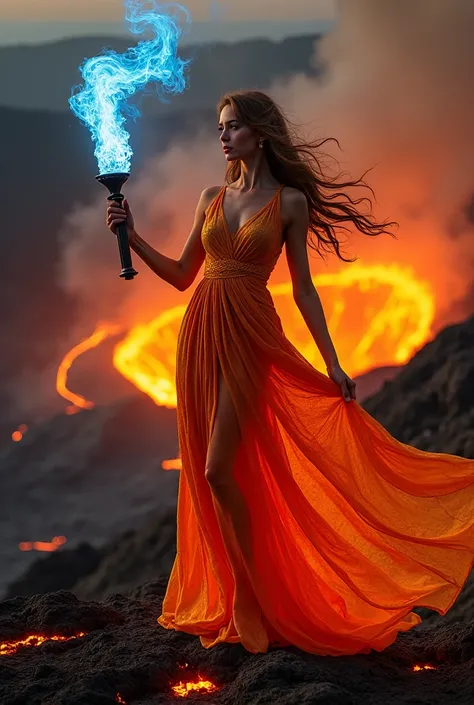 "A woman in a luxurious flame-colored dress, shifting from bright red to gold, stands atop an ancient volcano. Her long hair flows in the wind, as if woven from fire itself. In her hands, she holds a burning torch, from which tongues of magical blue fire e...