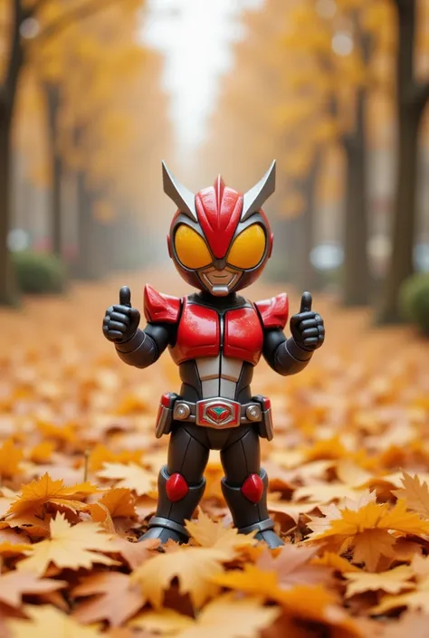 Mini kamenrider stands on top of leaves raising hands giving thumbs up,text "GREETINGS INTERACTION "