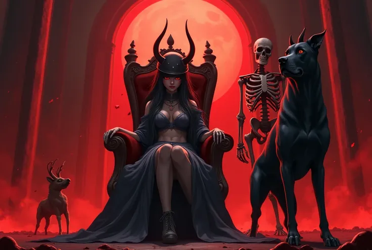 Anime girl in hell wearing a helmet sitting on a throne standing next to a black dog with three heads ,a skeleton in a cloak standing next to her