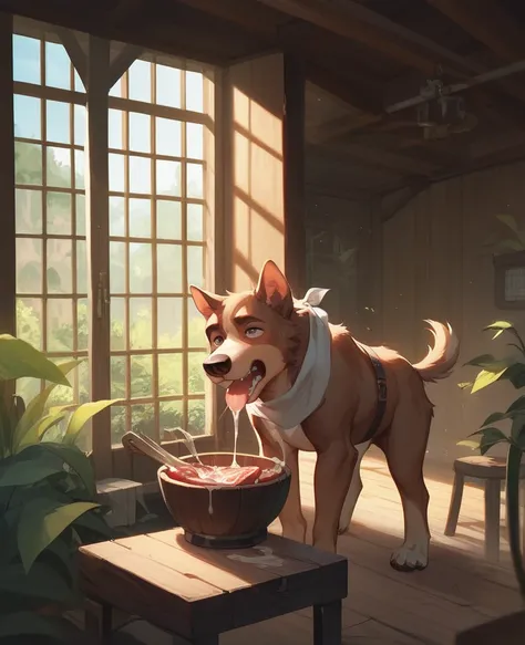 An old wooden house stands in the middle of a dense jungle. Inside, a strong-built man is cutting raw meat on a wooden table. Sunlight streams faintly through the window. Near the door, a hungry brown dog stands, its eyes fixed on the bowl of meat. Drool d...