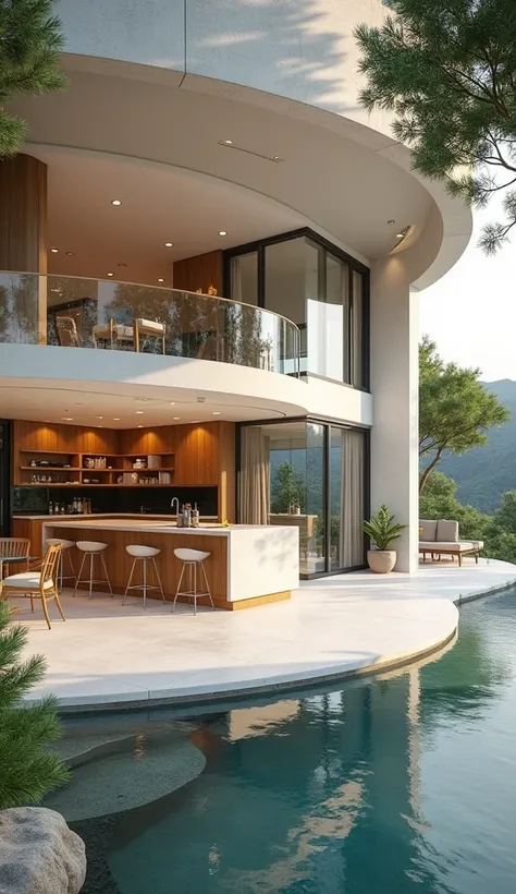 kitchen, a modern round kitchen, a sleek and minimalist kitchen design, glass walls, clean lines, large windows, natural lighting, seamless integration, lush greenery, modern architecture, contemporary style, architectural masterpiece, stunning panoramic v...