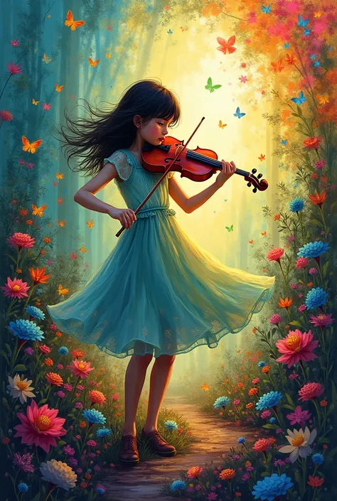 Abstractionism. Jung girl play on violine.Colerfull in beautifull nature behind