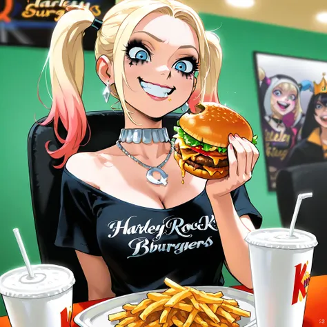 Quality: ((Best quality illustration)), (Excellent), ((Detailed)).
Style: Bruce Timm style, comic art, fun, humorous, crazy, epic, powerful.
Summary: ((Harley_Quinn eating burgers)).
Character: harley_quinn_ (suicide_squad) is blonde twin tails, detailed e...