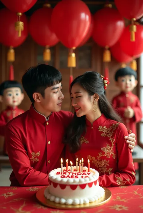  Photo of 6 people Korean lovers couple romantic couple wearing Chinese red dress in front of them there is a birthday cake with inscription "HAPPY BIRTHDAY GAES S" background in the magnificent house many red balloons and barongsai dolls  