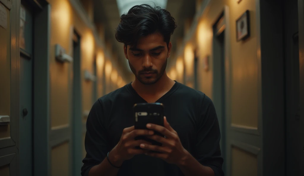  An 20 years Indian male holding his phone that he in an influencer  unsplash, digital art, stunning cinematography, 2 0 2 1 cinematic 4 k , amazing cinematography, epic cinematic shot, shot from movie, cinematic opening shot, stunning moody cinematography...