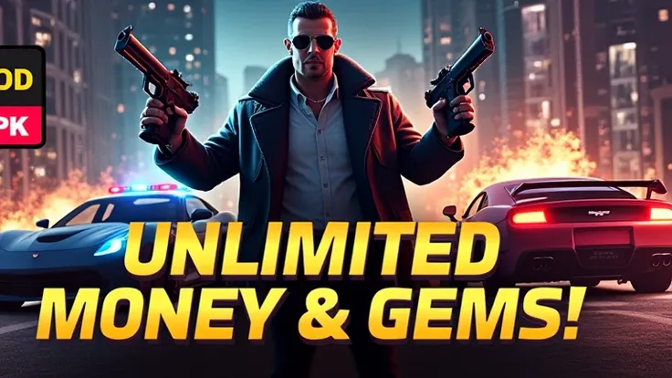 "Design a high-energy YouTube thumbnail for a video about Real Gangster Crime MOD APK 6.1.5. Highlight bold text saying: 'Unlimited Money & Gems!' in vibrant colors like gold and red. Include visuals of a gangster character holding weapons, luxury cars, an...