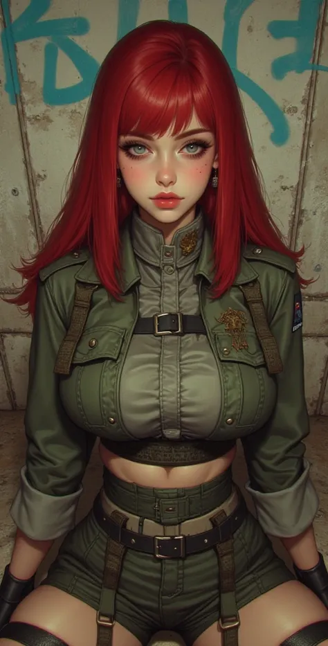  high resolution,  best quality,  high detail,  High quality,  Ultra high definition , full length ,full frame, Full-length girl , red hair,  straight hair , Breasts, earrings,  blue eyes, makeup, Light blush, scarlet lips,  army uniform , Posing against a...