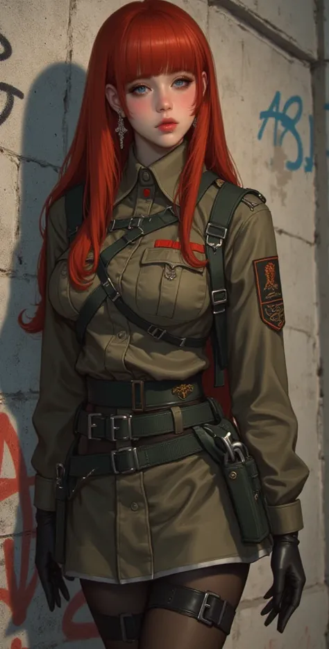  high resolution,  best quality,  high detail,  High quality,  Ultra high definition , full length ,full frame, Full-length girl , red hair,  straight hair , Breasts, earrings,  blue eyes, makeup, Light blush, scarlet lips,  army uniform , Posing against a...