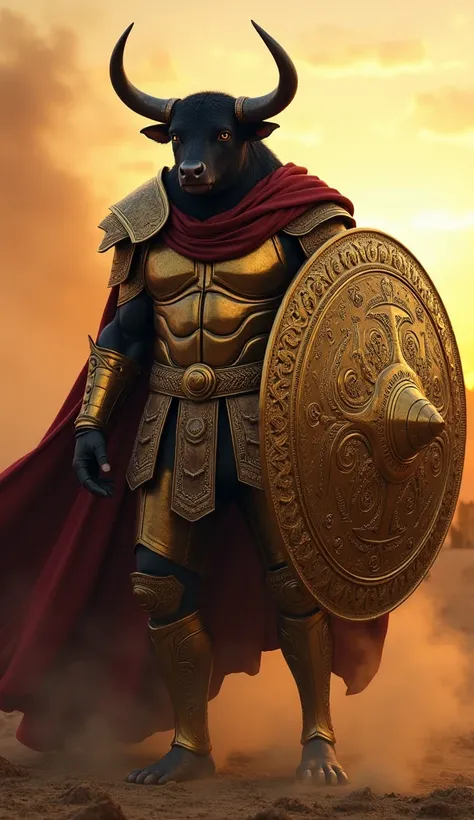 An anthropomorphic warrior with the head of a black bull ,  extremely strong,  wearing golden armor inspired by Roman gladiators . Its horns are long and sharp,  and he holds an enormous shield decorated with Spanish baroque patterns.  The background shows...