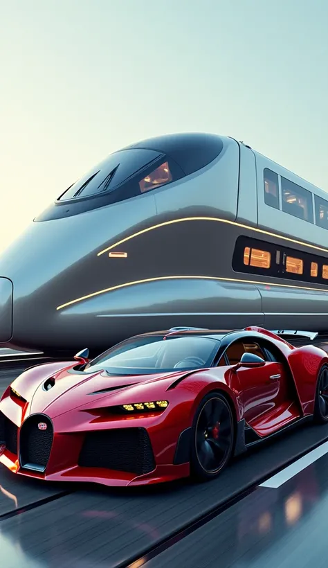 A BUGATTI AND A BULLET TRAIN STANDING SIDE BY SDIE