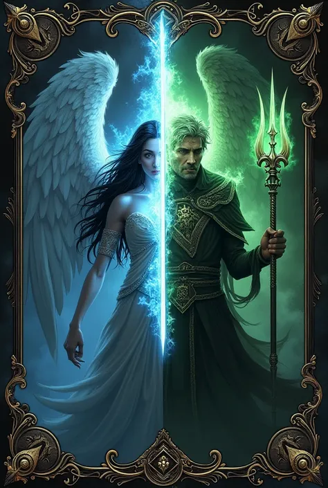 It shows an image of a card with half a bust of an angelic male being with long black hair and a sword in blue flames and the other half a diabolical male being with a trident with green flames