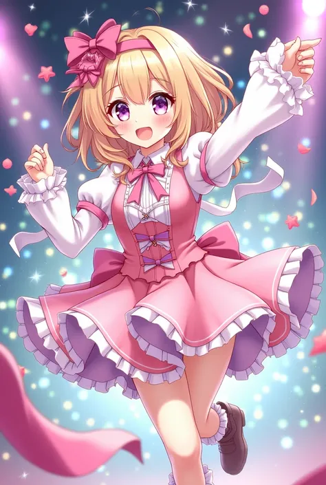 A vibrant anime-style illustration of a cute anime girl dancing joyfully in a colorful and lively setting. She has bright, expressive eyes and a playful smile, wearing a stylish and frilly outfit with ribbons and flowing fabric. Her dynamic pose shows her ...