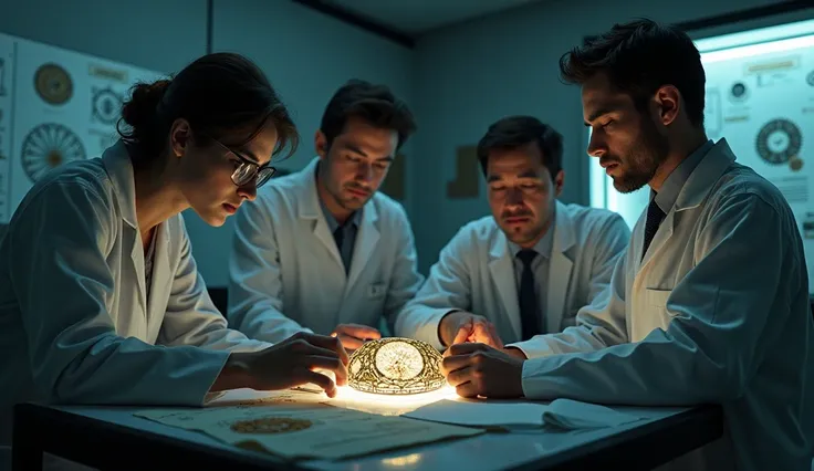 A 16:9 image depicting a group of scientists examining the artifact in a dimly lit laboratory. Their faces should reflect a mix of fascination and confusion. In the background, there are diagrams and sketches related to ancient civilizations and technologi...