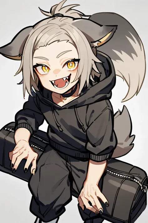 1 boy , wolf ears, wolf tail, Suin,  grey hair,  short ponytail,  golden eyes , black choker with golden drops, Black hoodie, black puffy pants, white boots, black duffle bag,  fangs,  pointed gray nails,  smiling face , Whole body, white solid background 