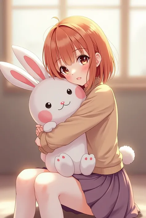  there is a girl with short copper dark blonde hair embracing a white rabbit plush cute anime girl,  soft anime cg art , anime barbie in white stockings, Soft anime illustration,  pretty anime girl ,  beautiful and attractive anime  ,  visual anime of a pr...