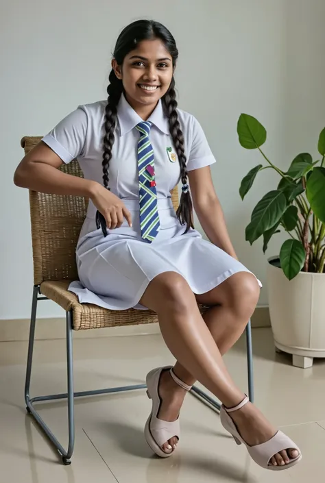 sri lankan 30+ nurse short skirt, sitting in chair, full image crossed legs, dusky skin colour, beautiful smile, full image