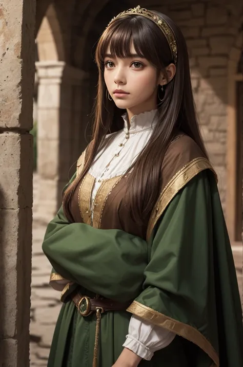 median, sorceress, Heroina del Pueblo, medieval,  green and brown clothing ,  light brown hair,  Bangs 