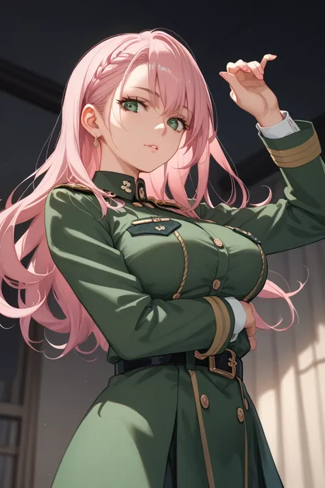 (girl), solo, (detailed outfit), ((military barracks)), ((large breasts)), (pink color hair), long hair, green eyes, looking at viewer, beautiful face, cinematic light, (dynamic pose), cinematic angle, dynamic angle, female soldier, ((Military uniform)), (...