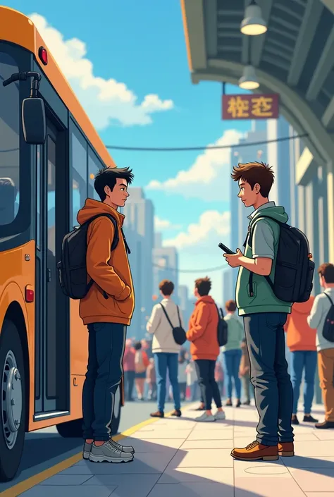 I would like an animated illustration of two people at a bus station and one of them at the bus door watching the other person in line with a cell phone in their hand