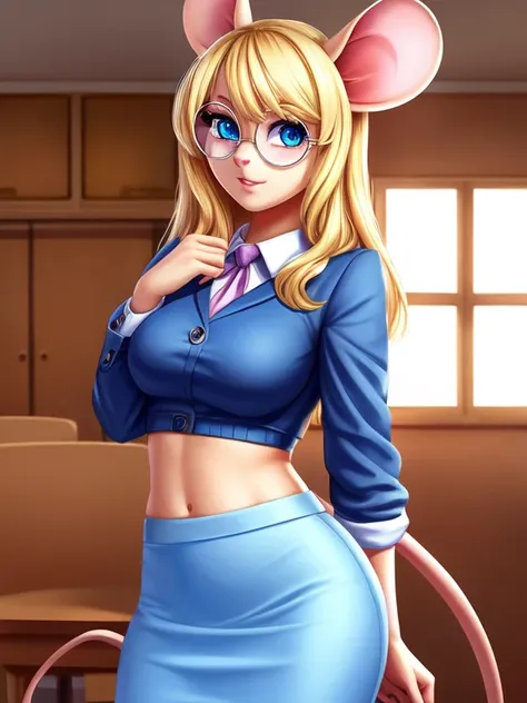 Blonde high school mouse girl, half-moon glasses, ((best quality)), ((masterpiece)), (detailed), perfect face, blue eyes, medium breasts, midriff, pencil skirt