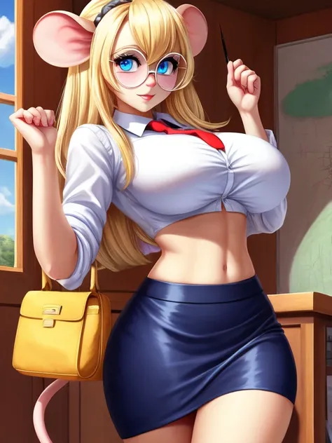 Blonde high school mouse girl, half-moon glasses, ((best quality)), ((masterpiece)), (detailed), perfect face, blue eyes, big breasts, midriff, pencil skirt