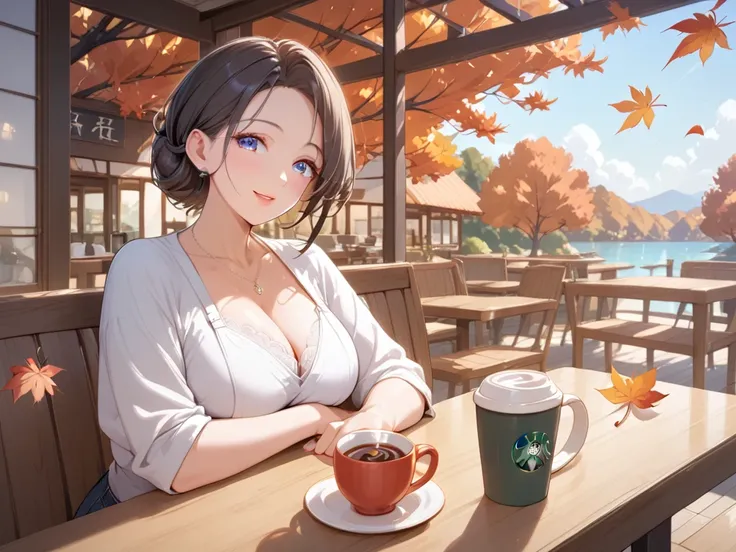 ( high quality )autumn、evening、 beautiful Japanese、Mature Woman、 cafe terrace 、1coffee cup on the table, autumn leaves、