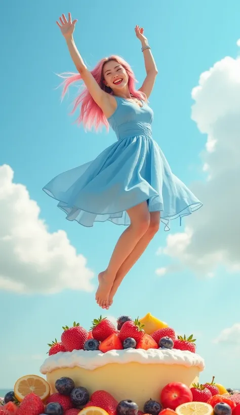  Photoshoot jump , Beautiful Korean woman is jumping on fruit pudding,  wears blue bdress, ombre pink haired , and there is a giant pudding, a lot of assorted fruits,  and there is text "sweet qkae ", clear clouds , with a cheerful smile