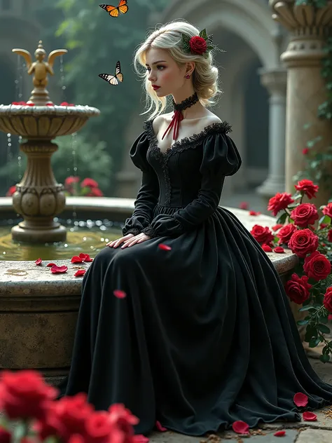 A hyperrealistic depiction of a beautiful Victorian-inspired Gothic doll sitting gracefully on the edge of a weathered fountain in a mystical garden. She wears a flowing, black velvet long dress with intricate lace details, a high neckline, and puffed slee...