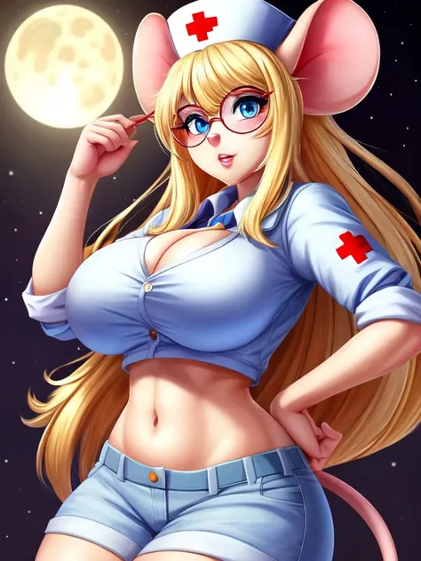 Busty Blonde high school nurse mouse girl, half-moon glasses, ((best quality)), ((masterpiece)), (detailed), perfect face, blue eyes, big breasts, midriff