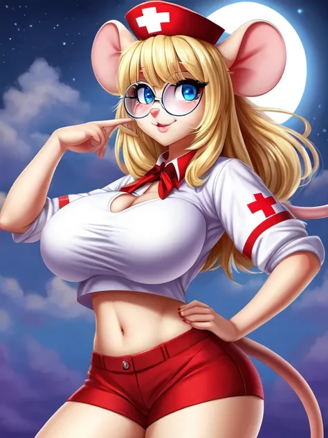 Busty Blonde high school nurse mouse girl, half-moon glasses, ((best quality)), ((masterpiece)), (detailed), perfect face, blue eyes, big breasts, midriff