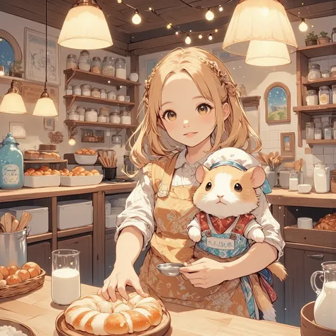 (Picture a girl named Astrid, with gentle eyes the color of twilight and hair as golden as a meadow at dawn. Her outfit is an ensemble of woven textiles, comfortable yet stylish, with a pocketed apron that speaks of utility and charm. Her demeanor is a ble...