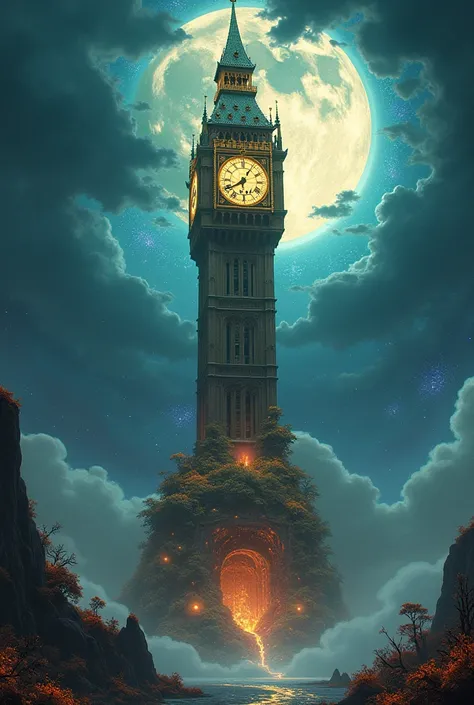 "A clock tower floating in the middle of a galactic storm, where the hands of time are powered by solar winds and its base is overgrown with glowing, alien vegetation."