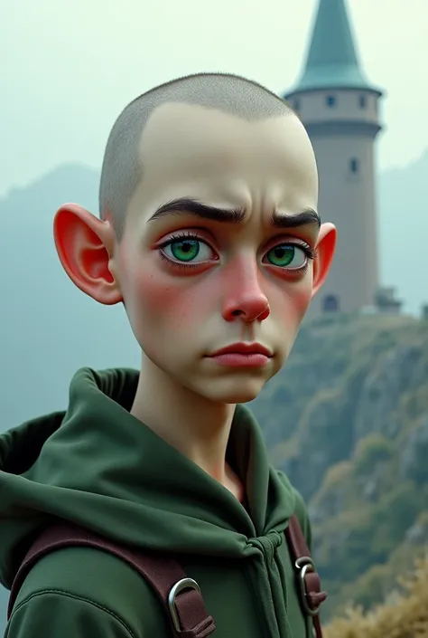 Slavic guy.  light skin , green fox eyes, straight eyebrows,  humped nose ,  thin lips. he's bald .  No facial hair . frowning expression. The face looks young. It stands on a mountain near the magic tower