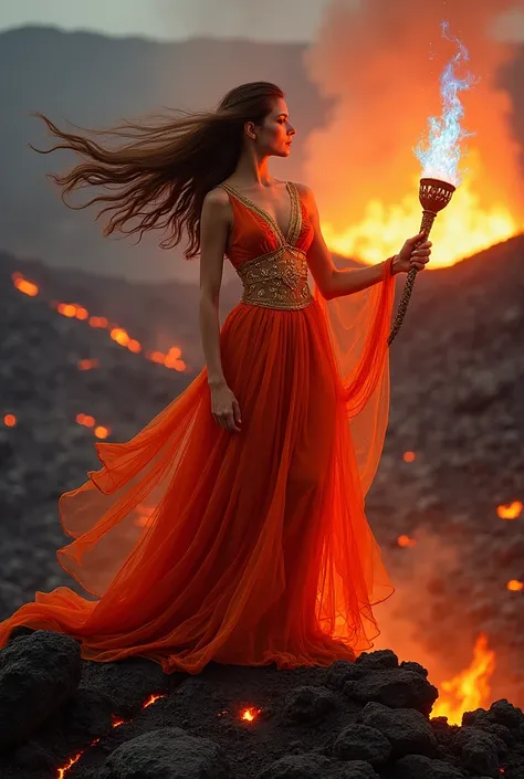 "A woman in a luxurious flame-colored dress, shifting from bright red to gold, stands atop an ancient volcano. Her long hair flows in the wind, as if woven from fire itself. In her hands, she holds a burning torch, from which tongues of magical blue fire e...