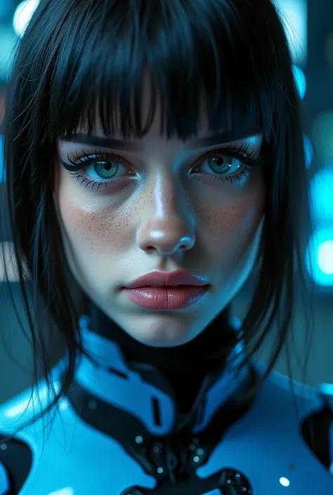 realistic,(( masterpiece)), (( envelopes)), ( Detailed ),  Close-up portrait, 1 girl, blue_eyes, Alone , blue_theme, science_fiction, mono, Circuit Pentern , blue_fur,  Detailed  fur, looking_en_ spectator, _negro_hair,  opened lips , cyborg, realistic, ar...