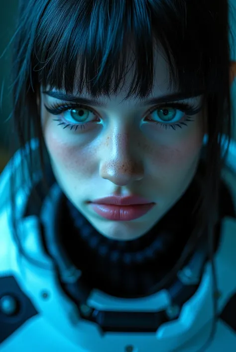 realistic,(( masterpiece)), (( envelopes)), ( Detailed ),  Close-up portrait, 1 girl, blue_eyes, Alone , blue_theme, science_fiction, mono, Circuit Pentern , blue_fur,  Detailed  fur, looking_en_ spectator, _negro_hair,  opened lips , cyborg, realistic, ar...