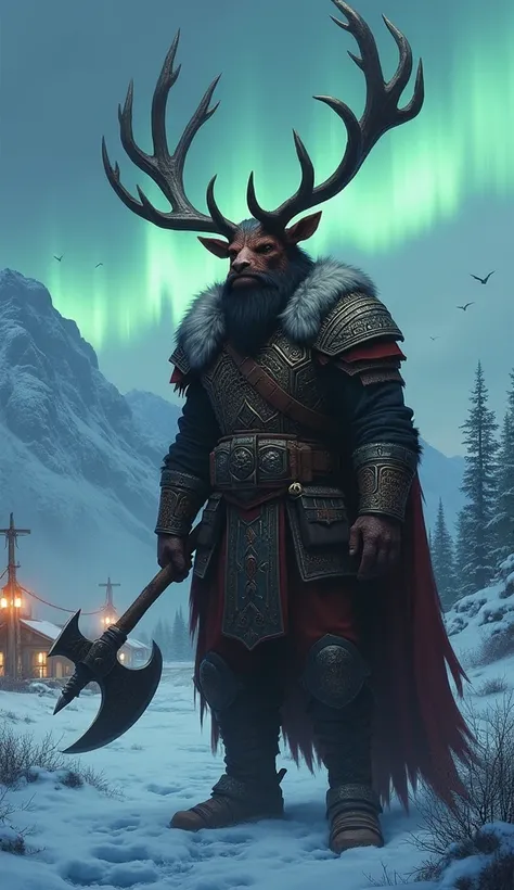  An anthropomorphic warrior with an elk's head ,  wearing Viking armor and holding a Norse battle axe . Its horns are huge and covered with bright runic inscriptions.  The background shows a Viking village surrounded by snowy mountains ,  with Northern Lig...