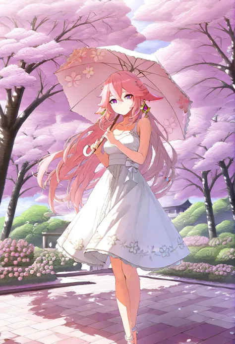 Yae Miko standing in a serene garden, wearing a white sundress with pink floral patterns. Her hair flows gracefully, and she’s holding a parasol with delicate sakura blossoms printed on it. The sunlight filters through the trees, casting dappled shadows