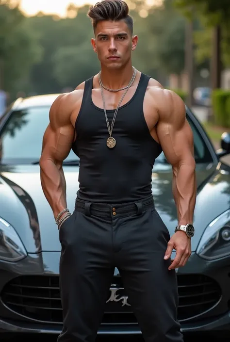 Hot young male 18-year-old American bodybuilder posing in front of an expensive sports car, combed back gel hair, stylish tight-fitting tank top , coole Oversize-Hose, Sneaker, Necklaces, bracelets,  bump on pants 