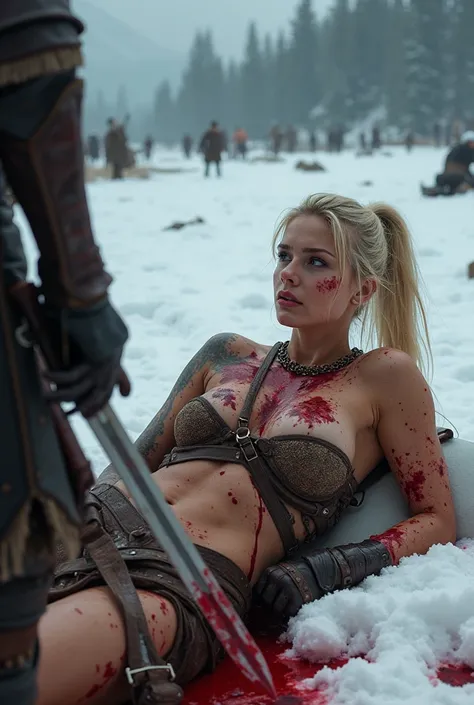 Front angle hip level image of a mortally wounded female warrior (25 year old, well toned abs and legs, busty, lemon blonde hair with pony tail) lying down on her side on a snowy battlefield with a alpine forest in the background. She has been stabbed in t...