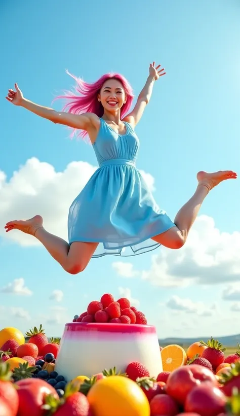  Photoshoot jump , Beautiful Korean woman is jumping on fruit pudding,  wears blue bdress, ombre pink haired , and there is a giant pudding, a lot of assorted fruits,  and there is text "sweet qkae " LIT , clear clouds , with a cheerful smile