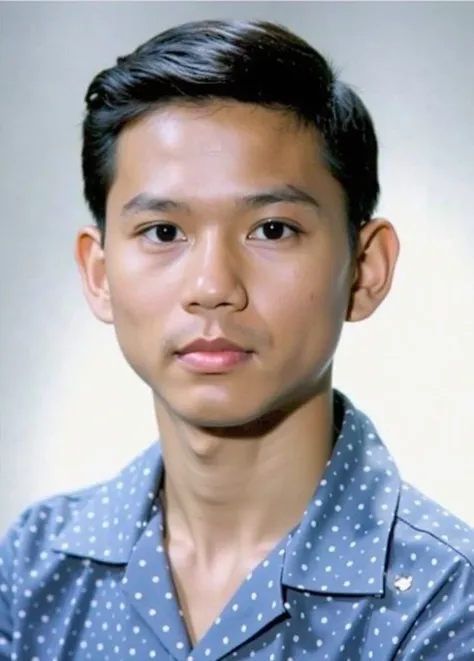 The image shows a person wearing a blue shirt with a polka dot pattern. The background is plain and light-colored.