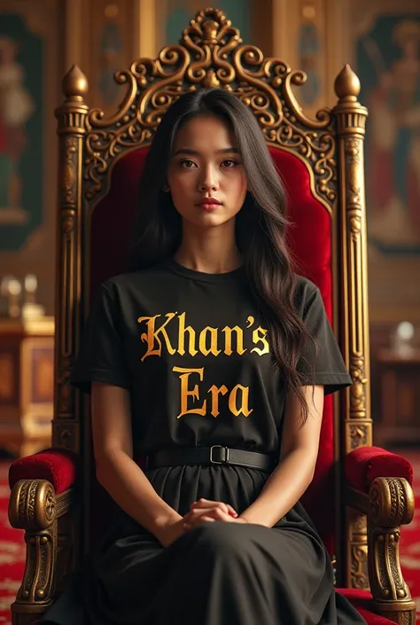 HD wallpaper a girl sitting on queen"s chair in her kingdom and there is written in front of her shirt in cool'stylish and big fonts  "KHAN"S ERA"